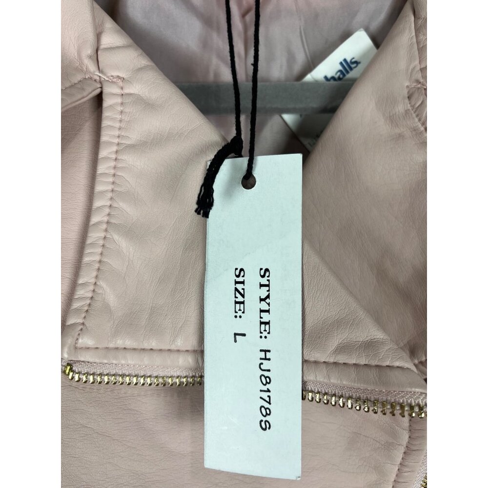 Shinestar Cropped Moto Jacket Faux Leather Beige Blush Zip Shoulder Pads L Y2K - Picture 13 of 16